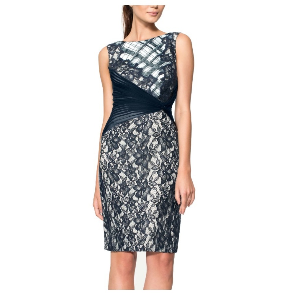 Tadashi Shoji‎ [ 16 ] Embroidered Tulle Boatneck Lace Floral Sheath Dress J2208